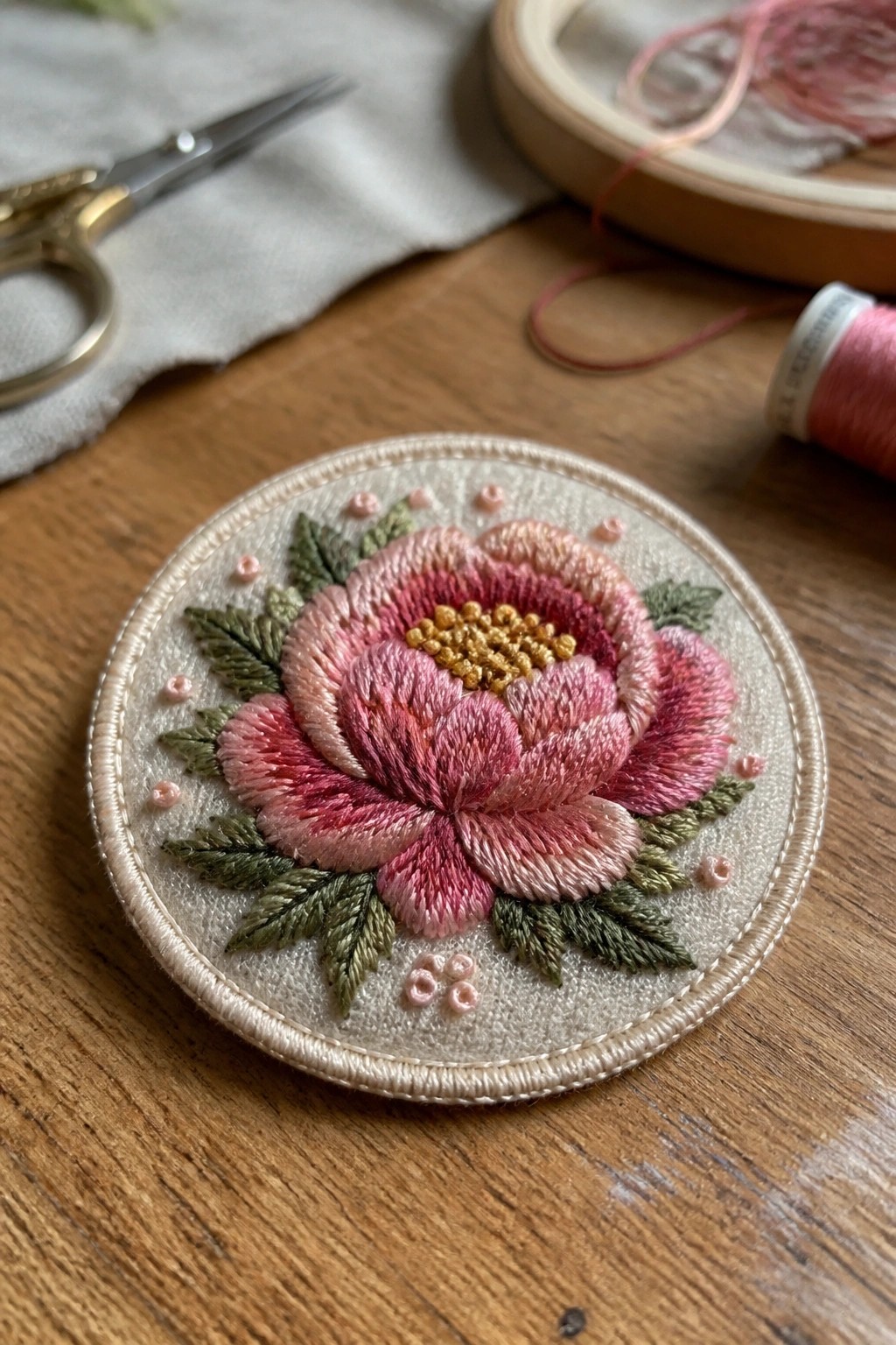 Round pink embroidered peony with green leaves on beige fabric patch