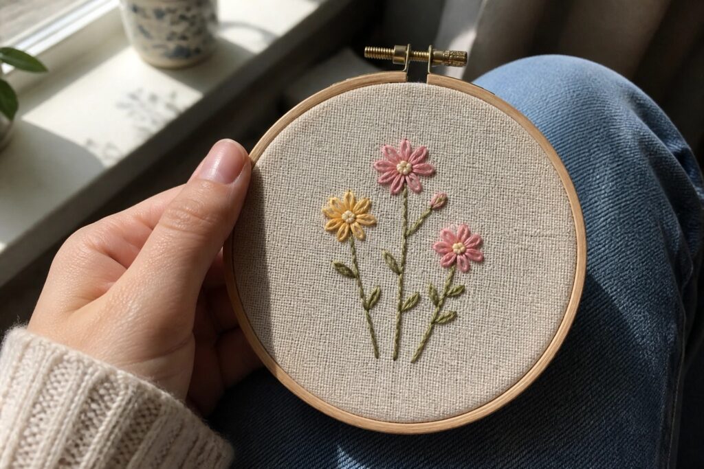 21 Easy Flower Embroidery Designs for Beginners Using Simple Stitches Hand holding wooden hoop with pink and yellow embroidered daisies over blue jeans