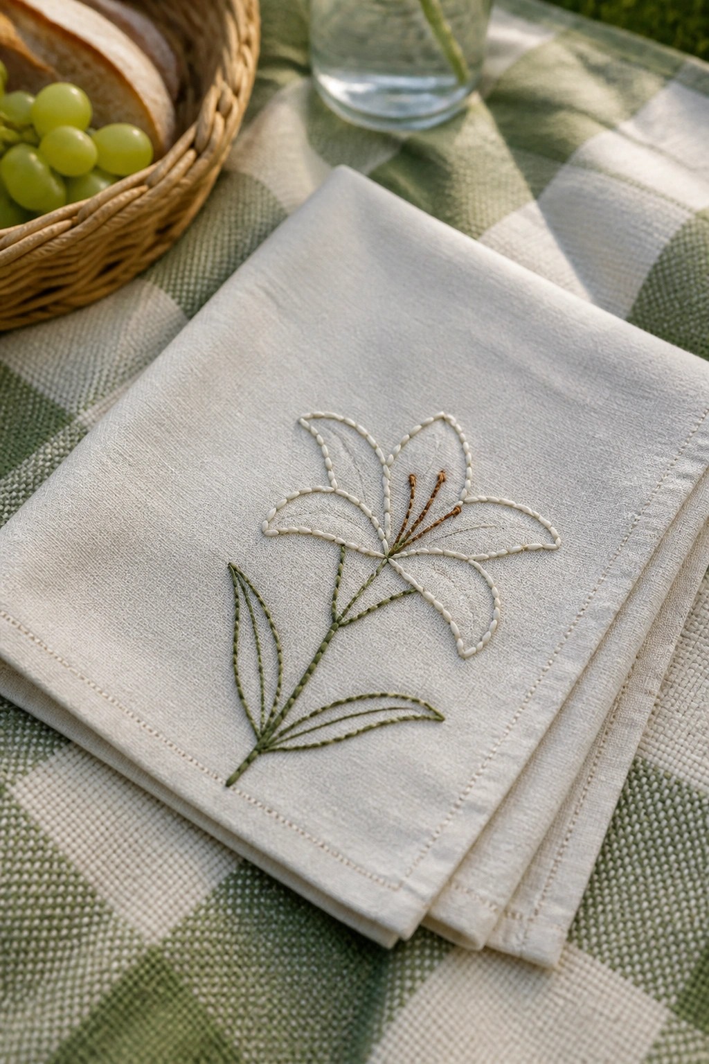 Embroidered white napkin with lily flower on green checkered picnic blanket