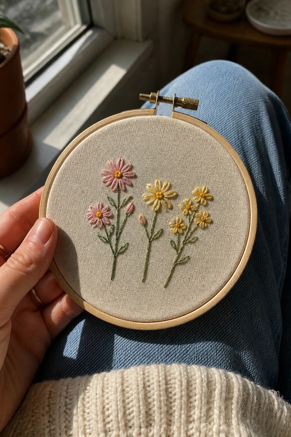 Hand holding wooden hoop with pink and yellow embroidered daisies over blue jeans