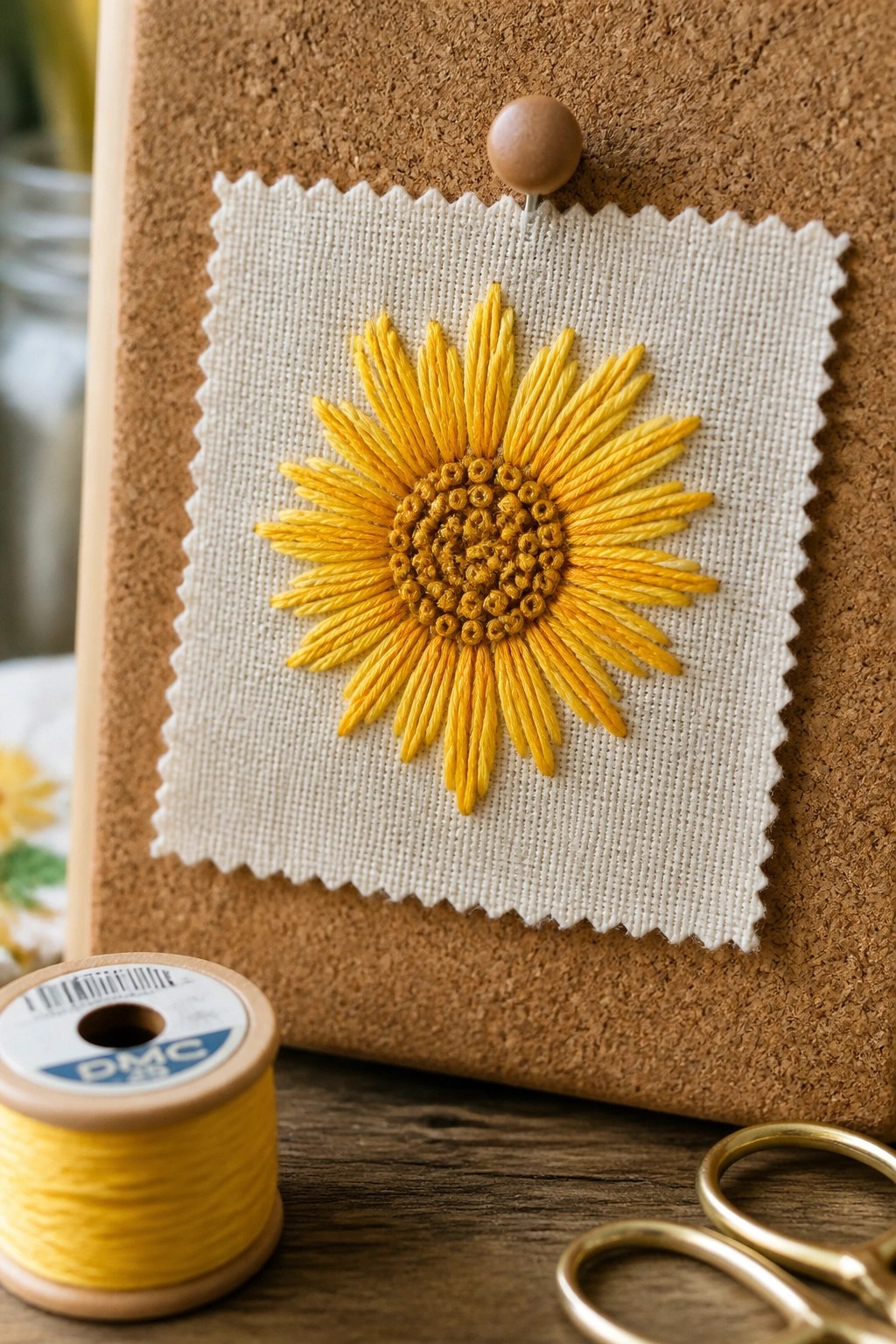 Yellow sunflower embroidery on white fabric pinned to corkboard beside yellow thread spool and scissors