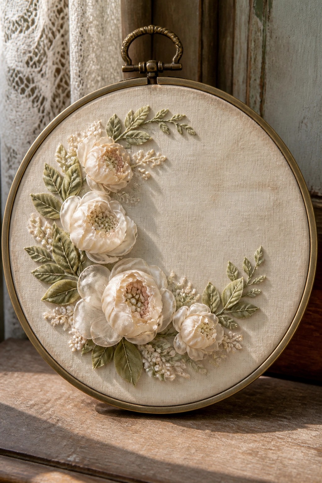 Brass hoop with beige fabric showing cream ribbon flowers and green leaves arranged in a crescent on the left side.