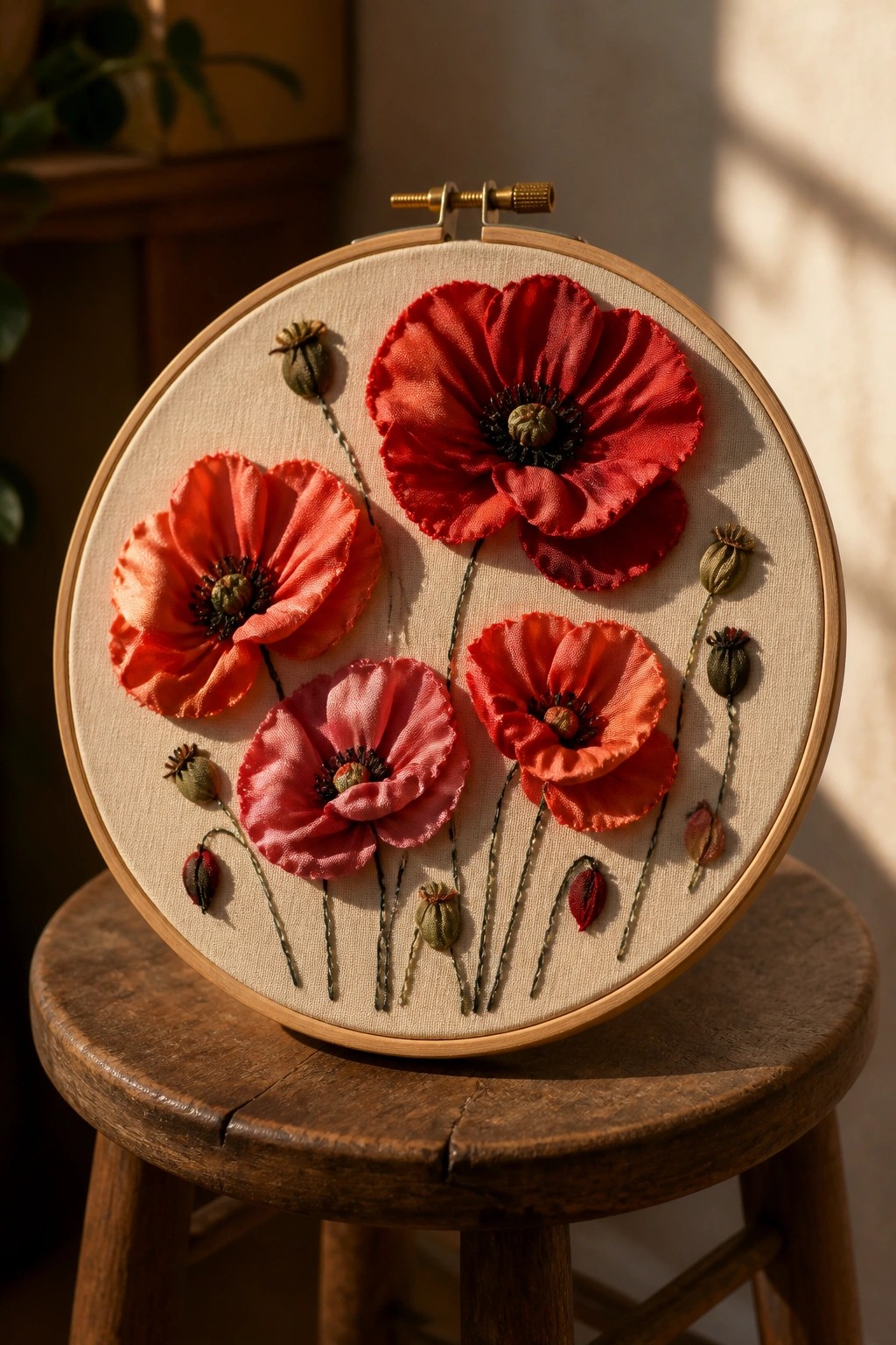 Wooden embroidery hoop with vibrant red poppies on beige fabric atop a stool.