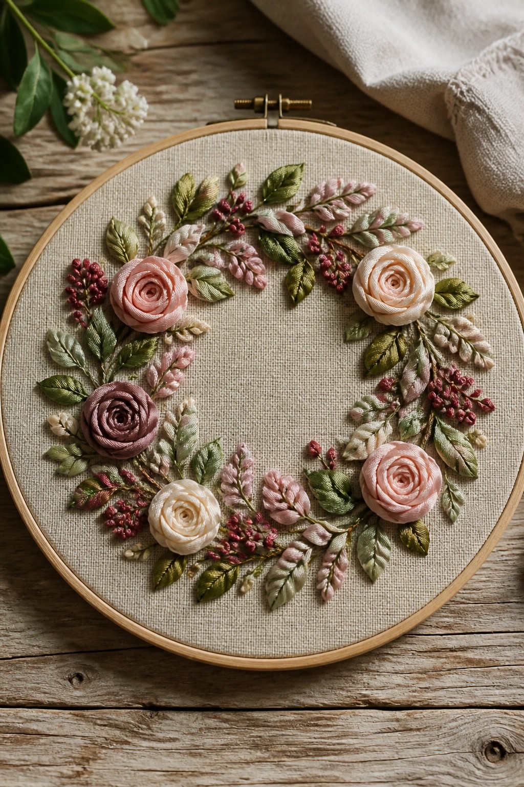 Embroidery hoop with pink roses, green leaves, and red berries on beige fabric
