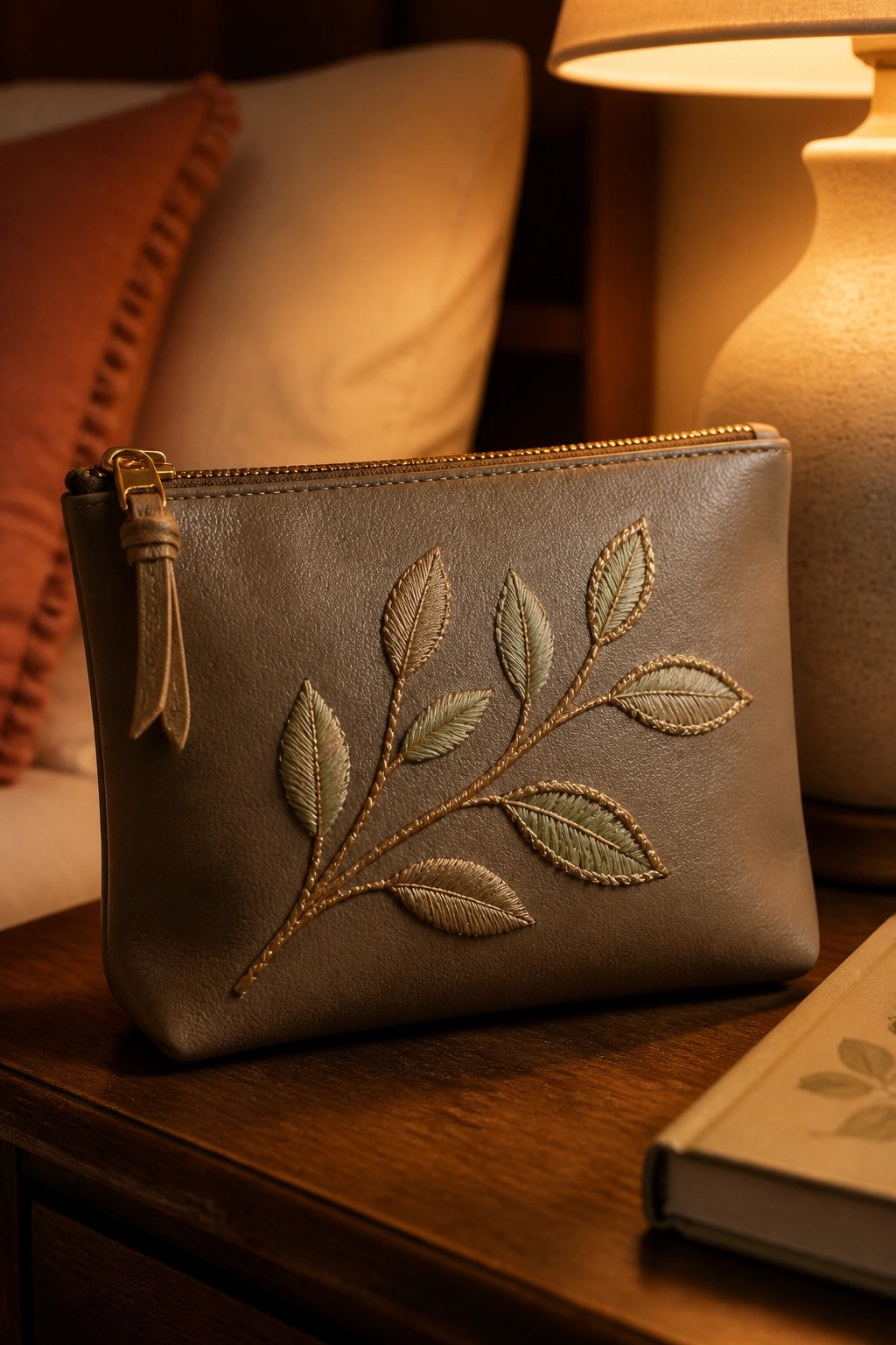 Brown leather pouch with gold and green embroidered leaves on wooden table