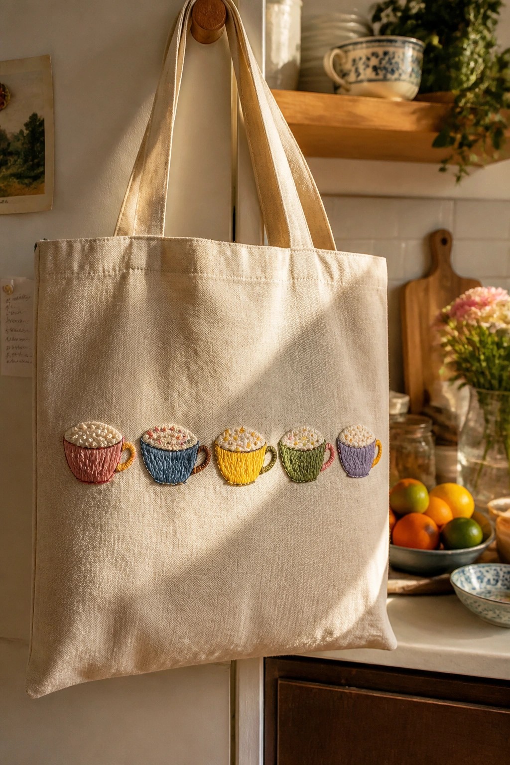 Canvas tote bag with five colorful embroidered mugs hanging on kitchen hook.