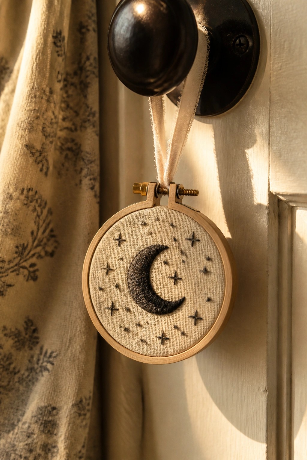 Embroidery hoop with crescent moon and stars hanging from black doorknob by ribbon.