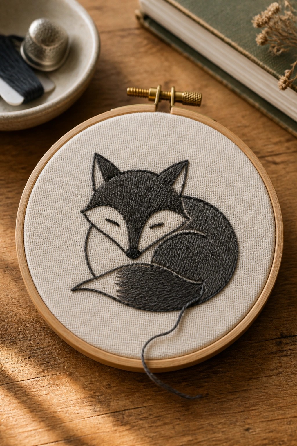 Wooden hoop with sleeping fox embroidered in black thread on white fabric