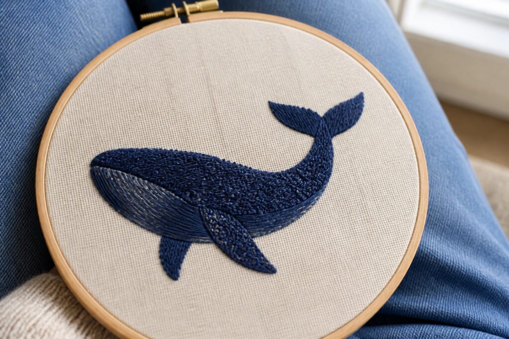 Wooden hoop with navy whale embroidery on beige fabric atop blue jeans and knit sweater