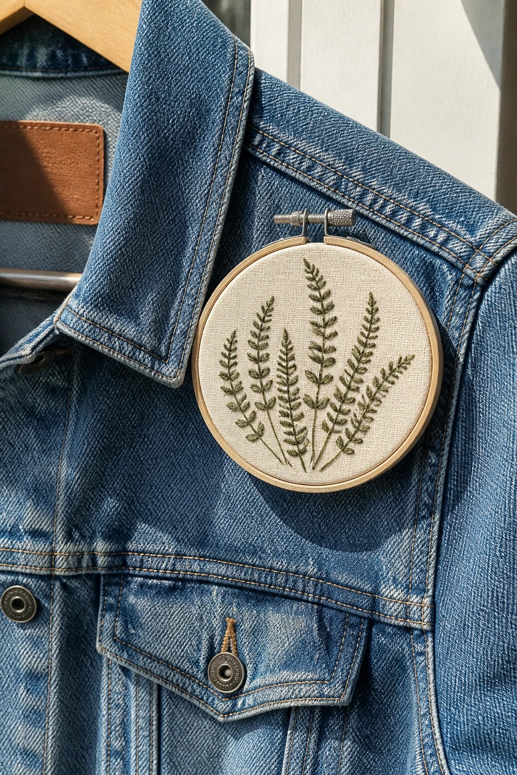 Blue denim jacket with hoop embroidery of green foliage on beige fabric