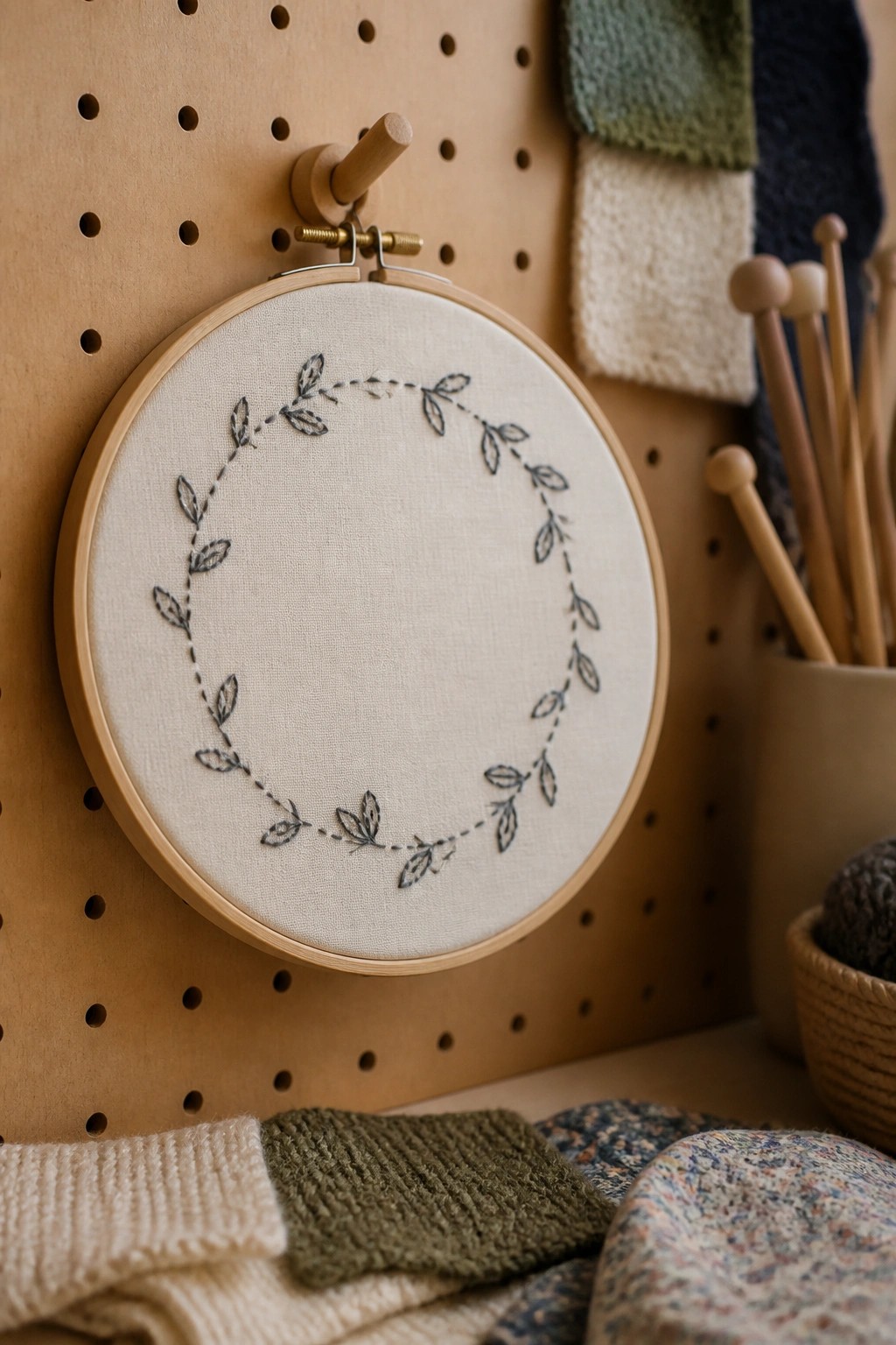 Wooden embroidery hoop with leaf wreath on pegboard amid yarn and needles