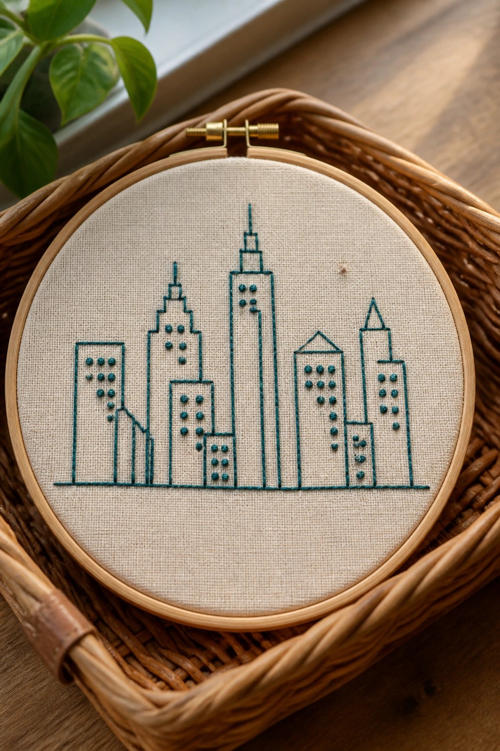 Teal city skyline embroidery in wooden hoop atop woven basket with green leaves
