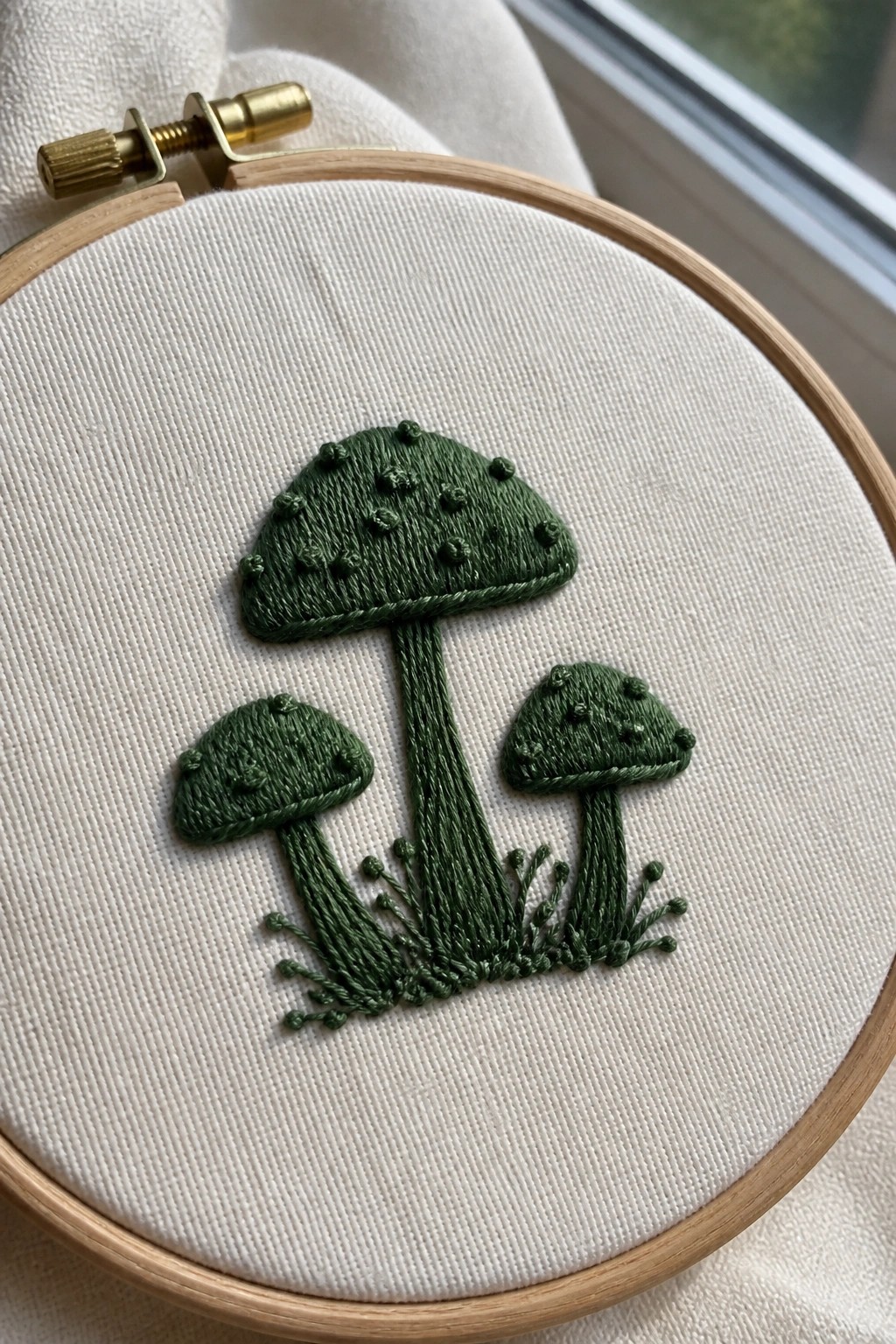 Embroidery hoop with three green mushrooms of different sizes stitched on white fabric, with grass details at the base.