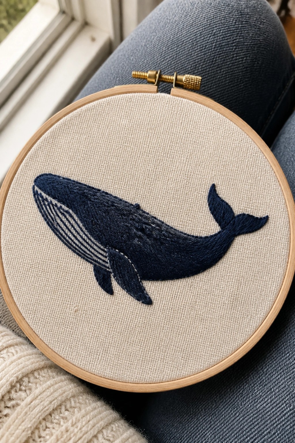 Wooden hoop with navy whale embroidery on beige fabric atop blue jeans and knit sweater