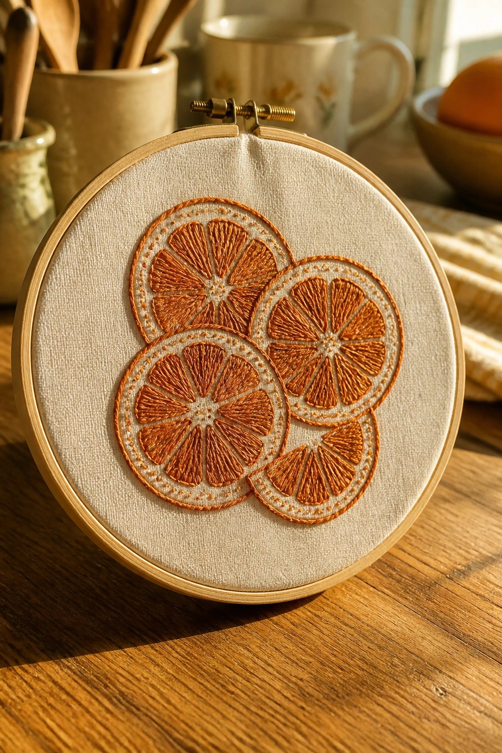Embroidery hoop with four overlapping orange slices stitched in warm orange thread.