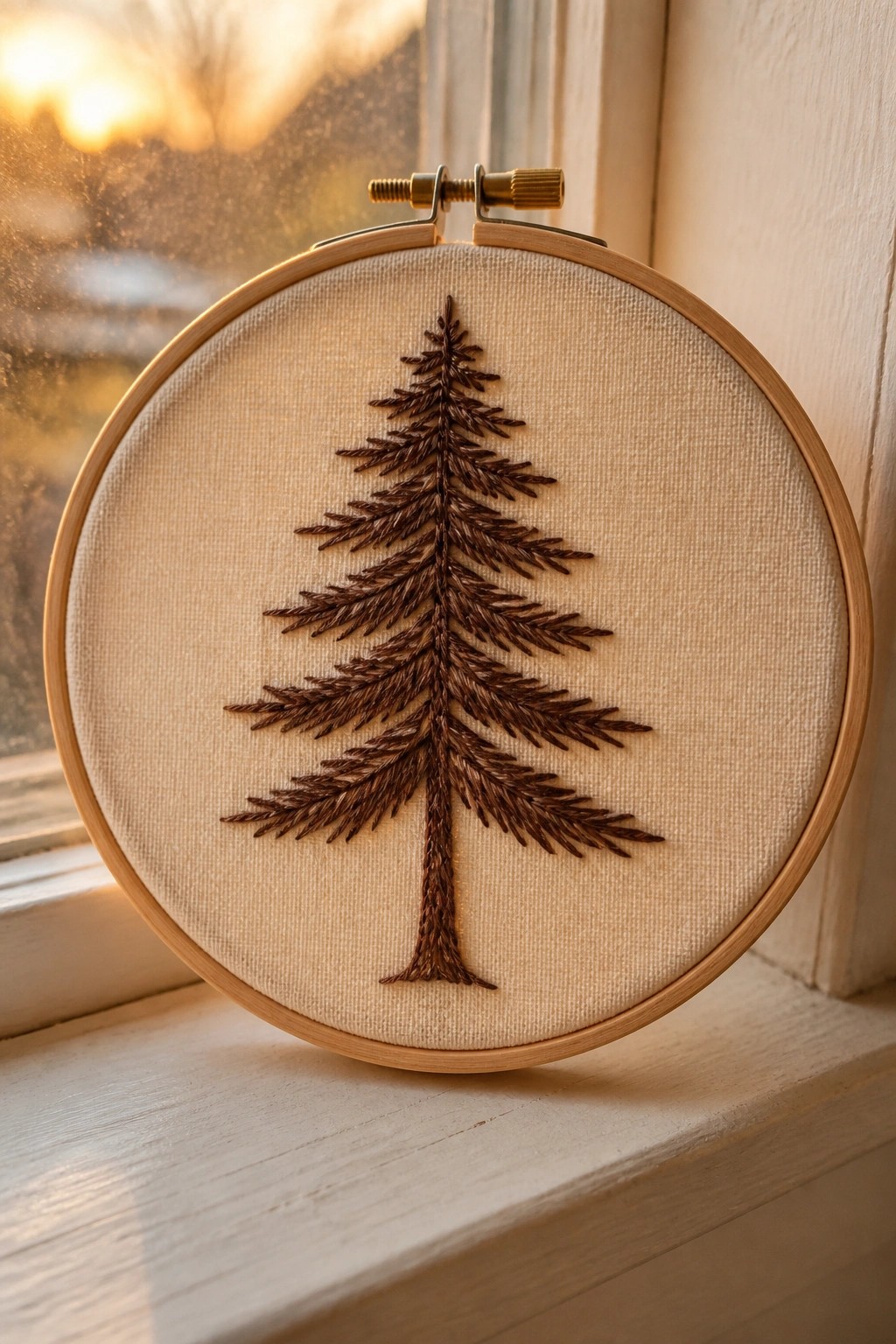 Wooden hoop with brown embroidered pine tree on beige fabric by sunlit window