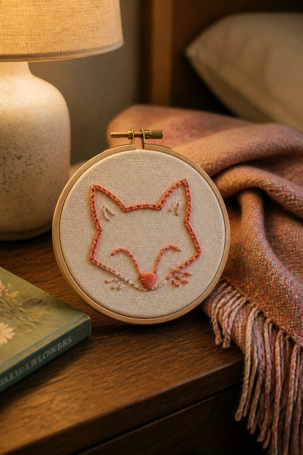 Embroidery hoop with orange fox face on wooden table beside lamp and plaid blanket