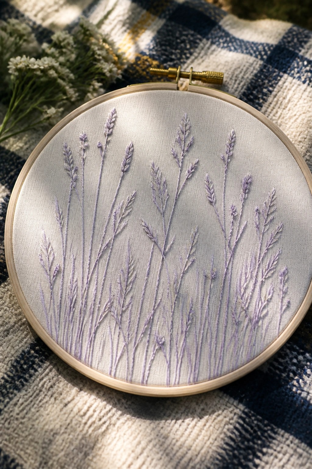 Purple embroidered lavender stalks in wooden hoop on blue plaid blanket.