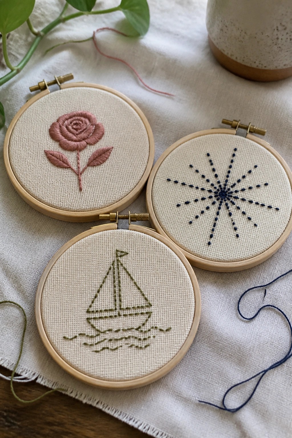 Three embroidery hoops with pink rose, blue starburst, and green sailboat on white fabric.
