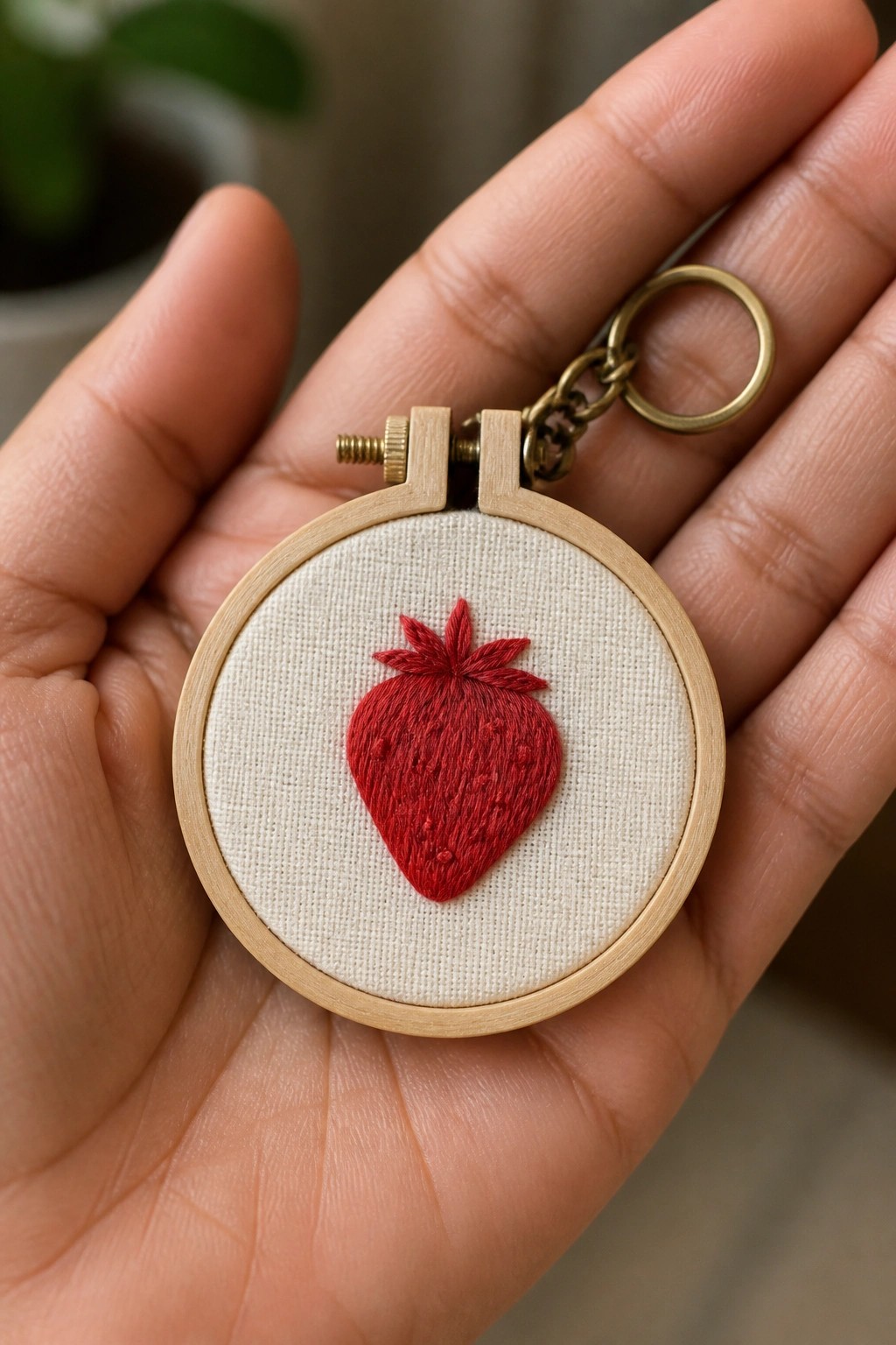 Small wooden embroidery hoop holding white fabric with a red embroidered strawberry, fitted with a brass keychain ring and chain.