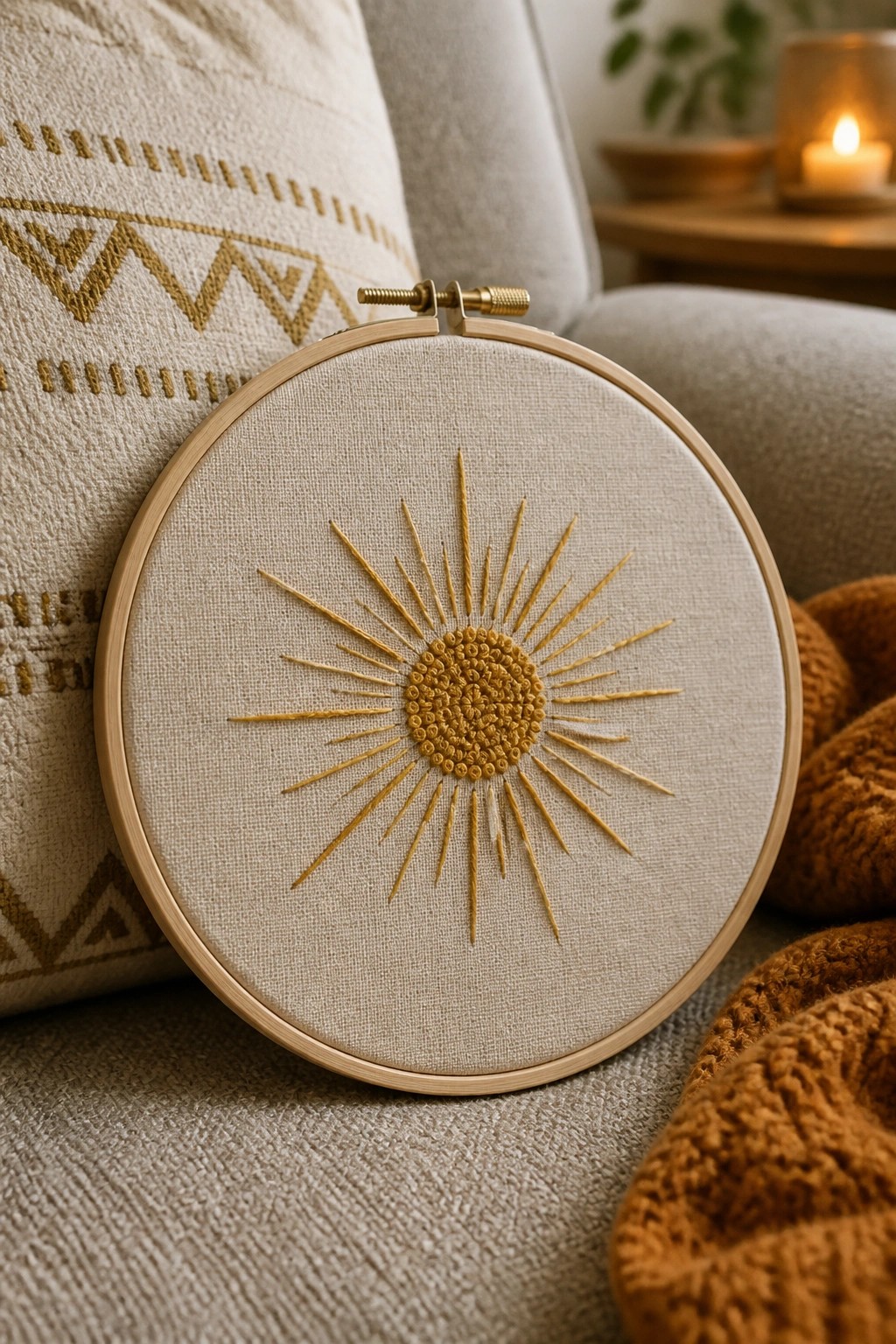 Wooden hoop with golden sun embroidery on beige fabric, atop cozy textiles.