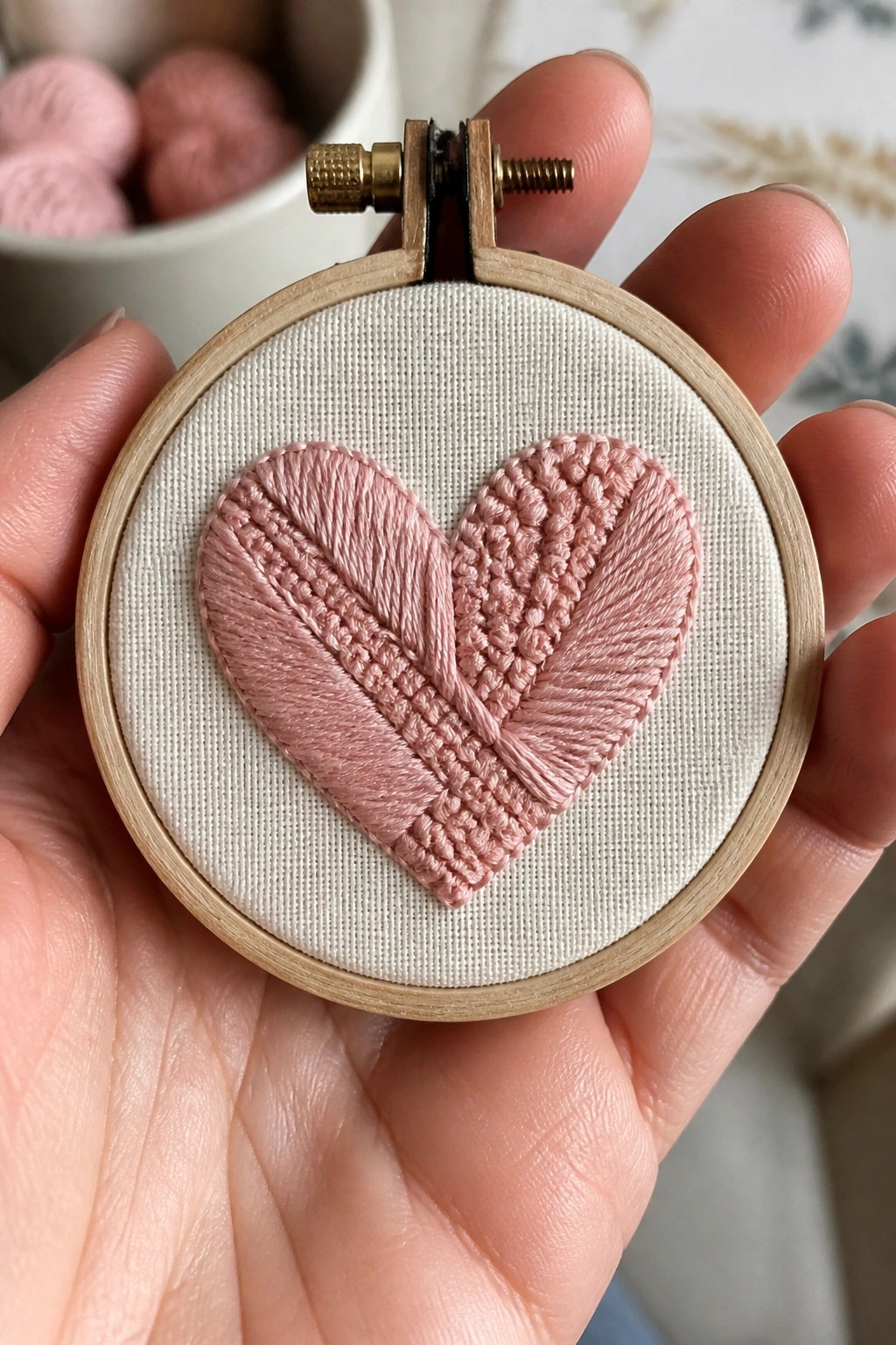 Hand holding wooden hoop with textured pink heart embroidery on white fabric