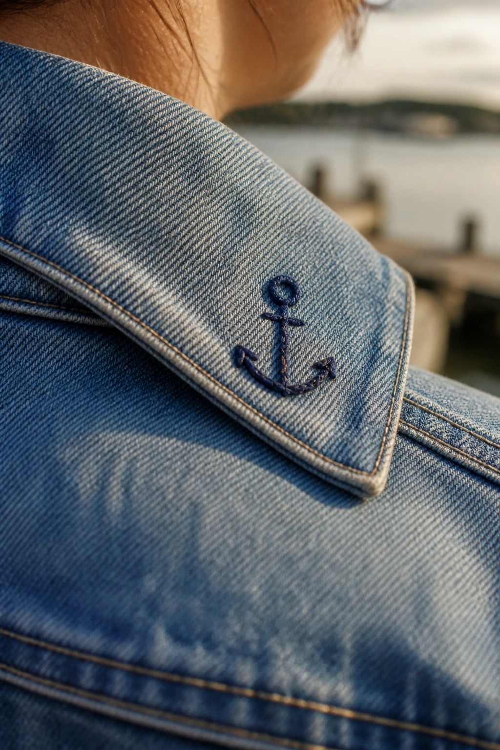 Close-up of blue denim jacket collar with small dark blue embroidered anchor on the pointed tip.