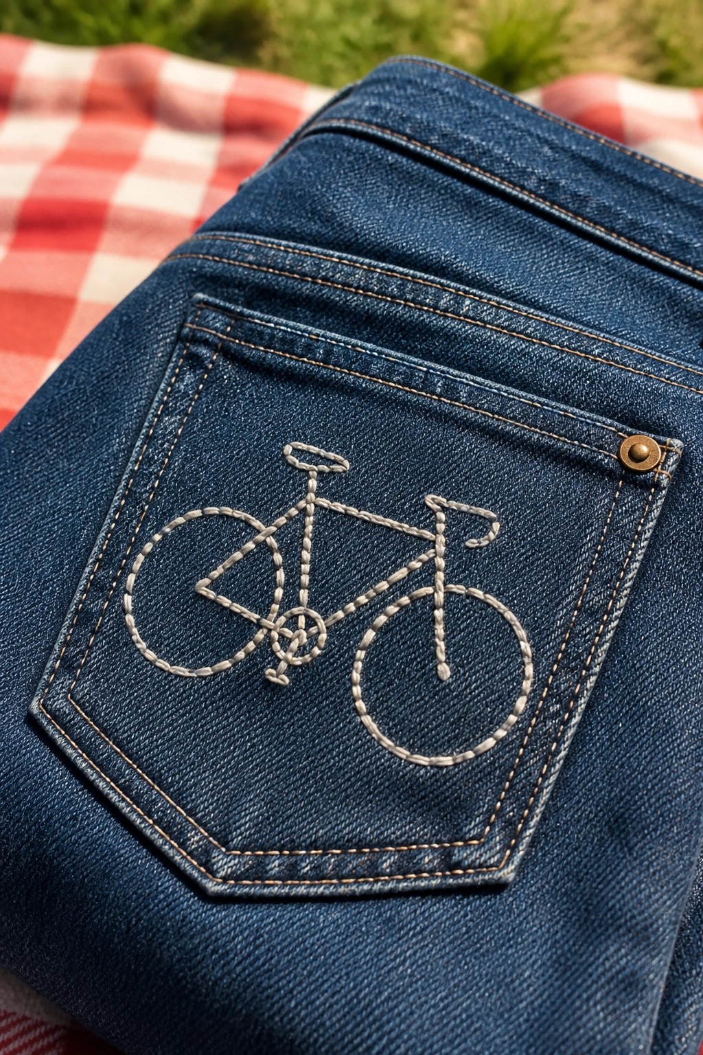 Blue denim jeans pocket with white bicycle embroidery on red checkered picnic blanket