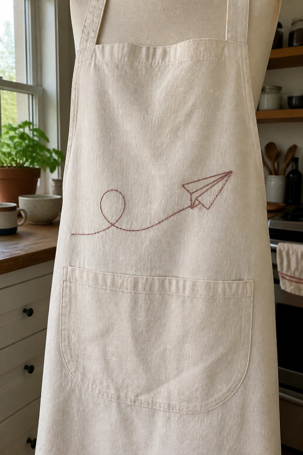Cream apron with dusty rose embroidered paper airplane trailing looped thread and front pocket.