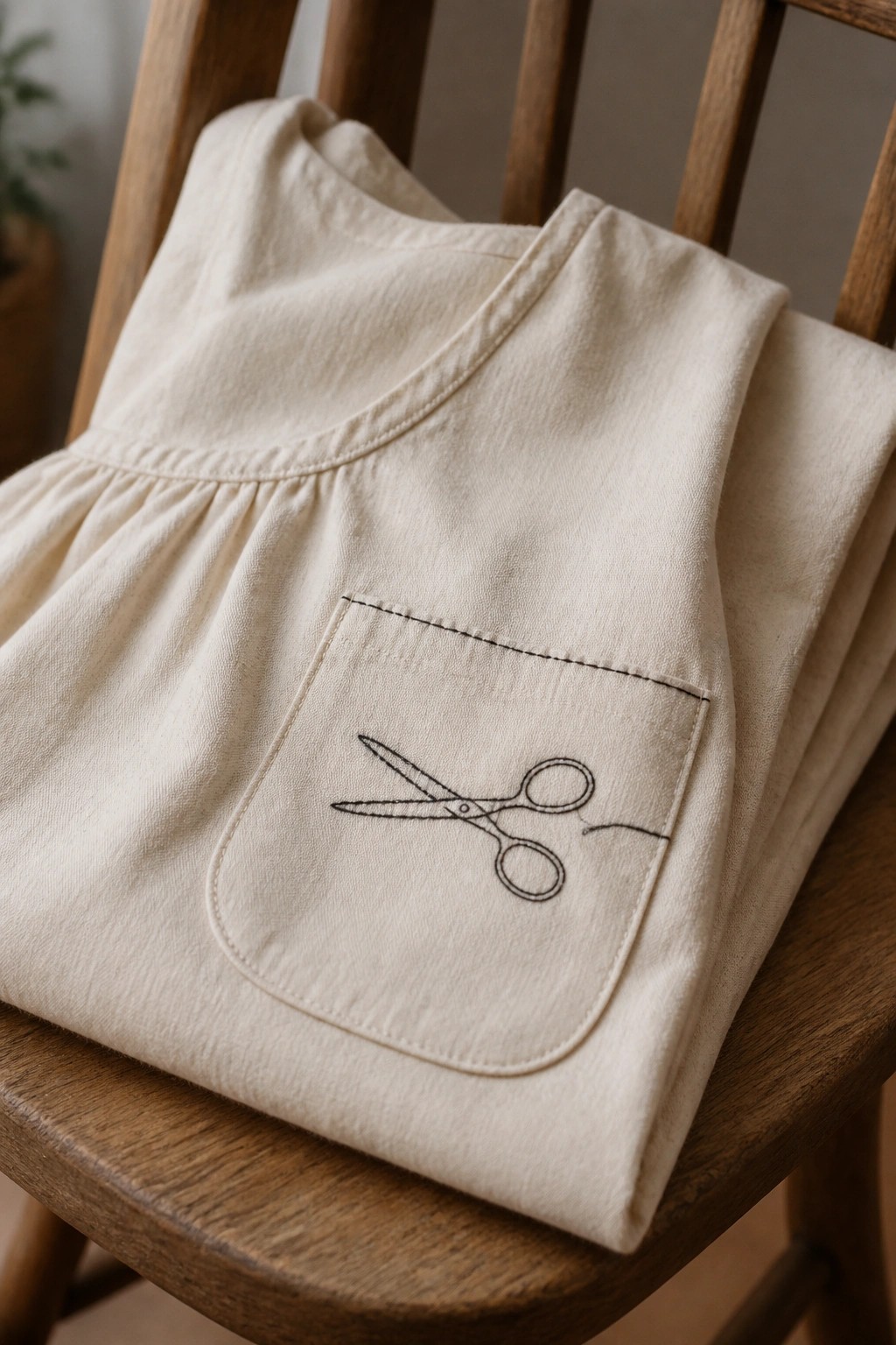 Cream fabric garment with black outline scissors embroidered on the pocket, resting on a wooden chair.