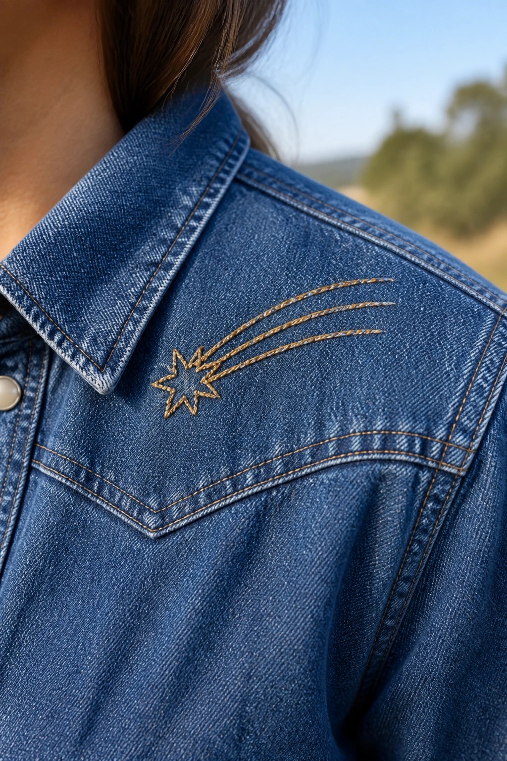 Blue denim jacket with golden embroidered shooting star on the shoulder.