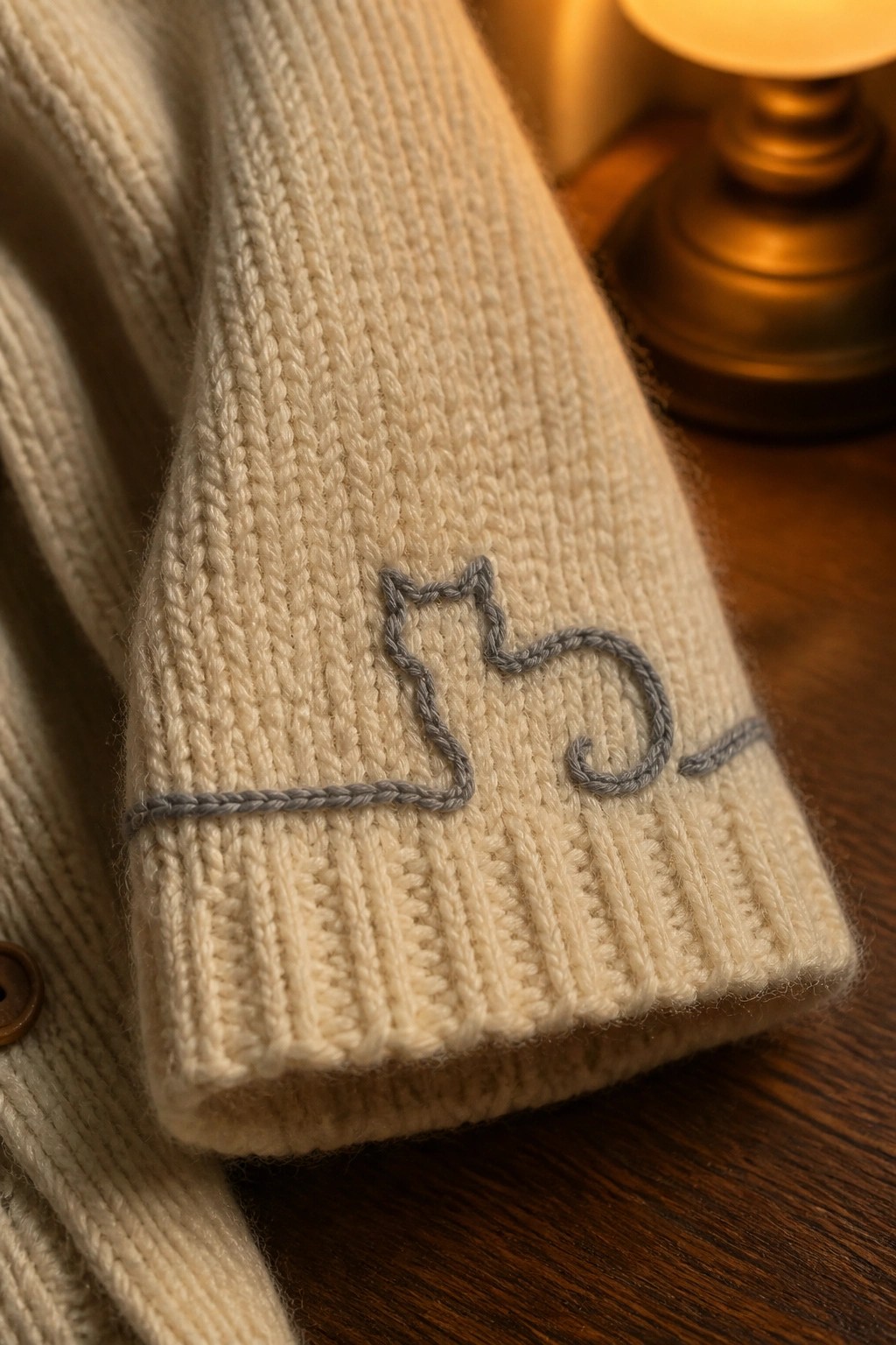 Cream ribbed knit sweater sleeve with gray cat embroidery on wood