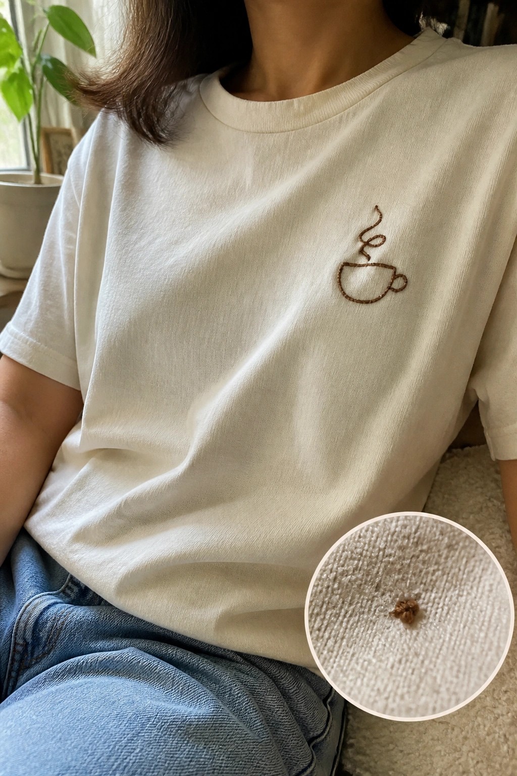 White t-shirt with brown embroidered coffee cup on chest, blue jeans, close-up of stitching.