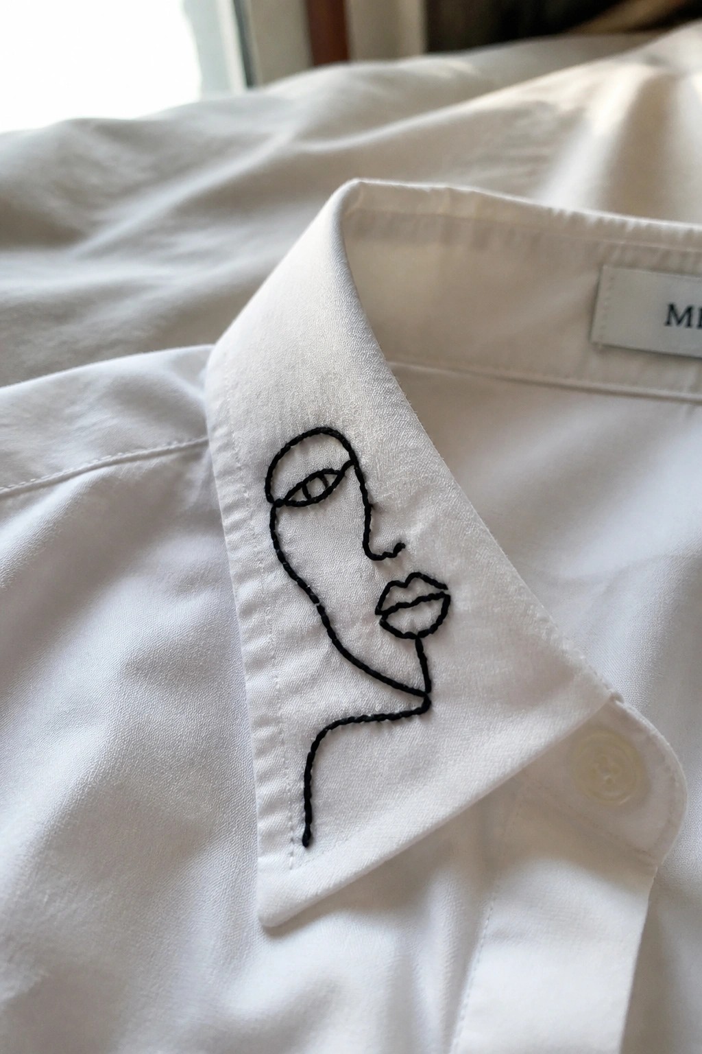 White shirt collar with black minimalist line embroidery of a face profile