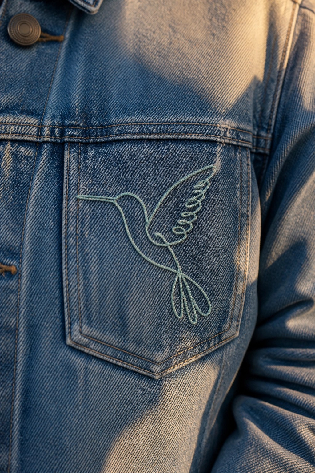 Blue denim jacket pocket with light blue embroidered hummingbird in sunlight.
