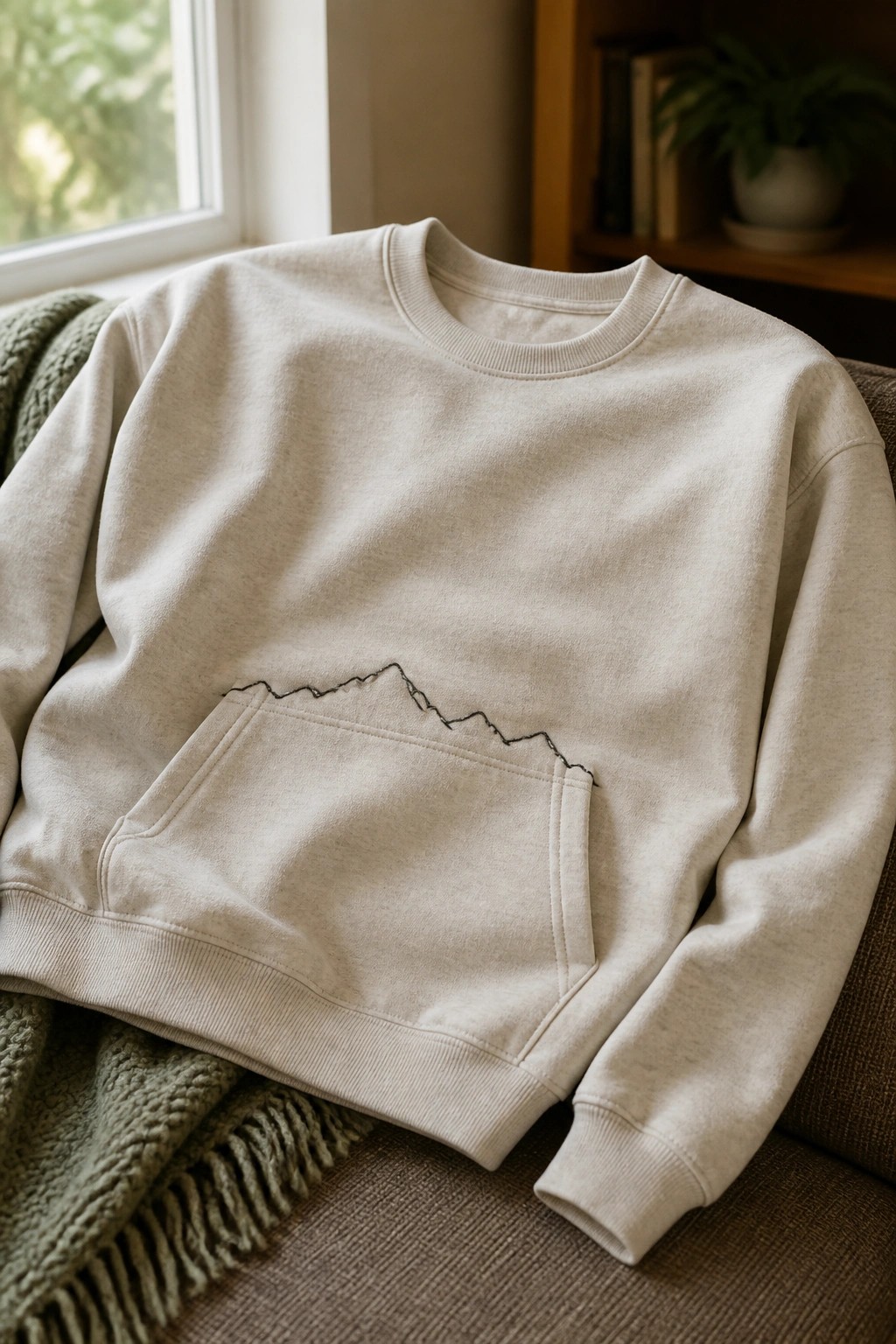Cream sweatshirt with black mountain embroidery on pocket, beside green fringed blanket.