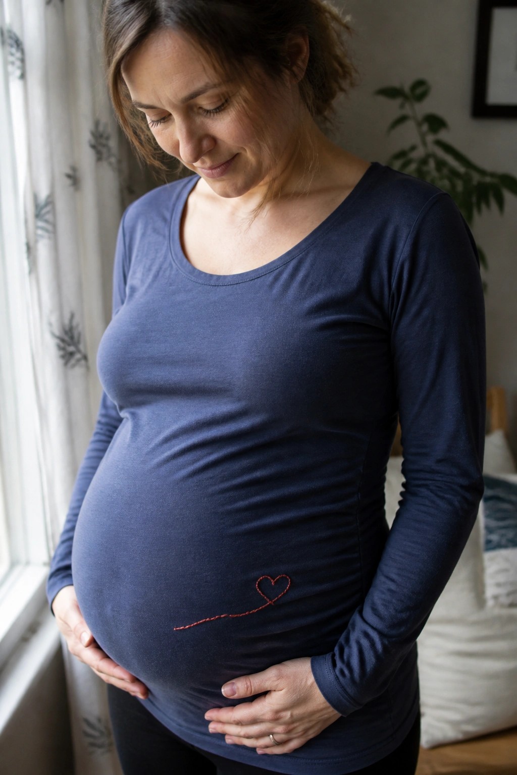 Pregnant woman in blue long-sleeve shirt with red heart embroidery on belly