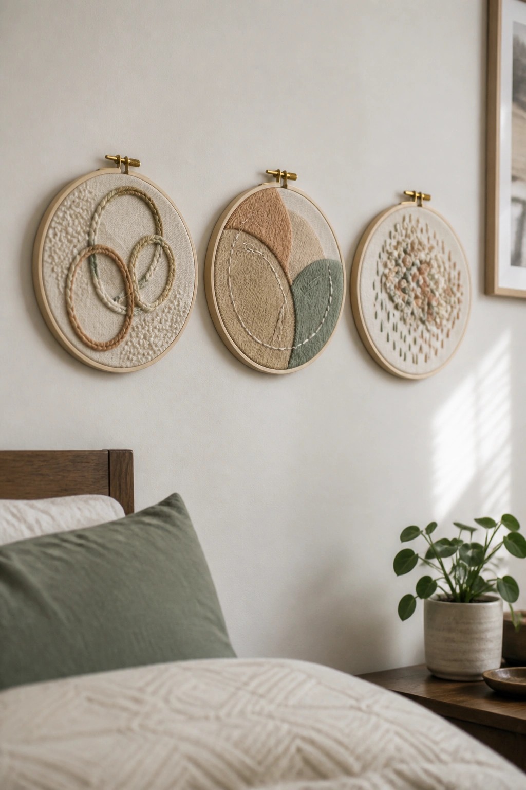 Three neutral-toned embroidery hoops above a bed with green pillows and plant