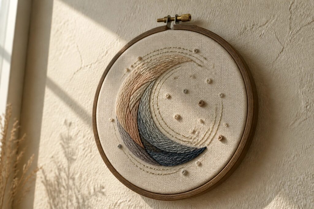 Wooden embroidery hoop with swirling blue, beige, and gray threads and scattered dots.