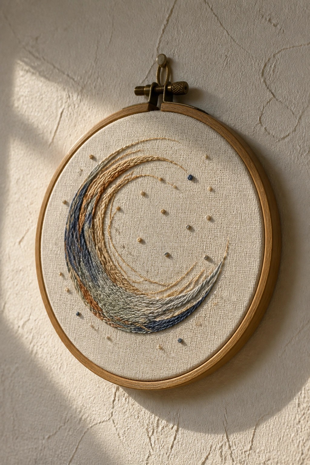 Wooden embroidery hoop with swirling blue, beige, and gray threads and scattered dots.