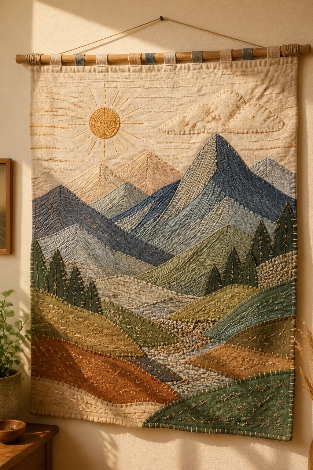 Quilted mountain landscape tapestry with sun, clouds, trees, and winding path on wall