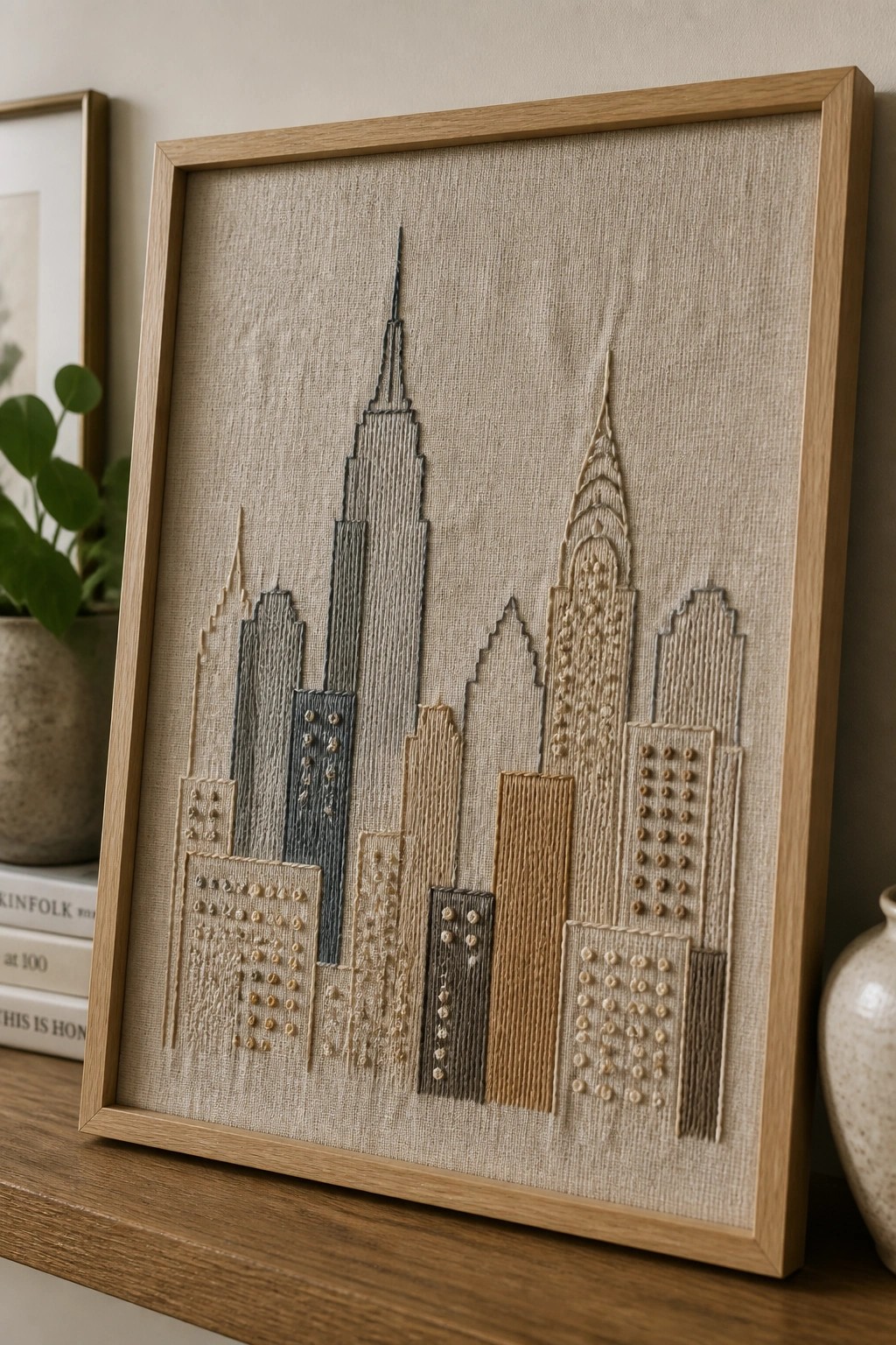 Embroidered city skyline of skyscrapers in neutral threads within wooden frame