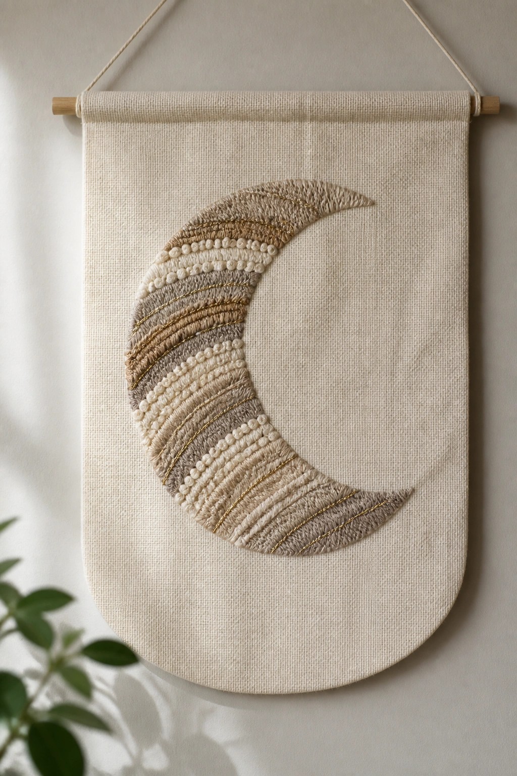 Embroidered crescent moon wall hanging in neutral beige, gray, and gold tones