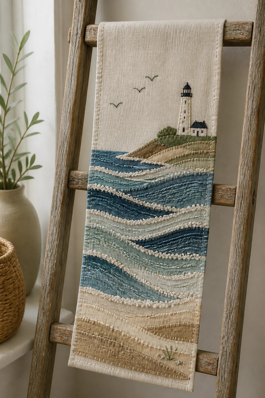 Embroidered lighthouse overlooking blue waves on fabric draped over wooden ladder