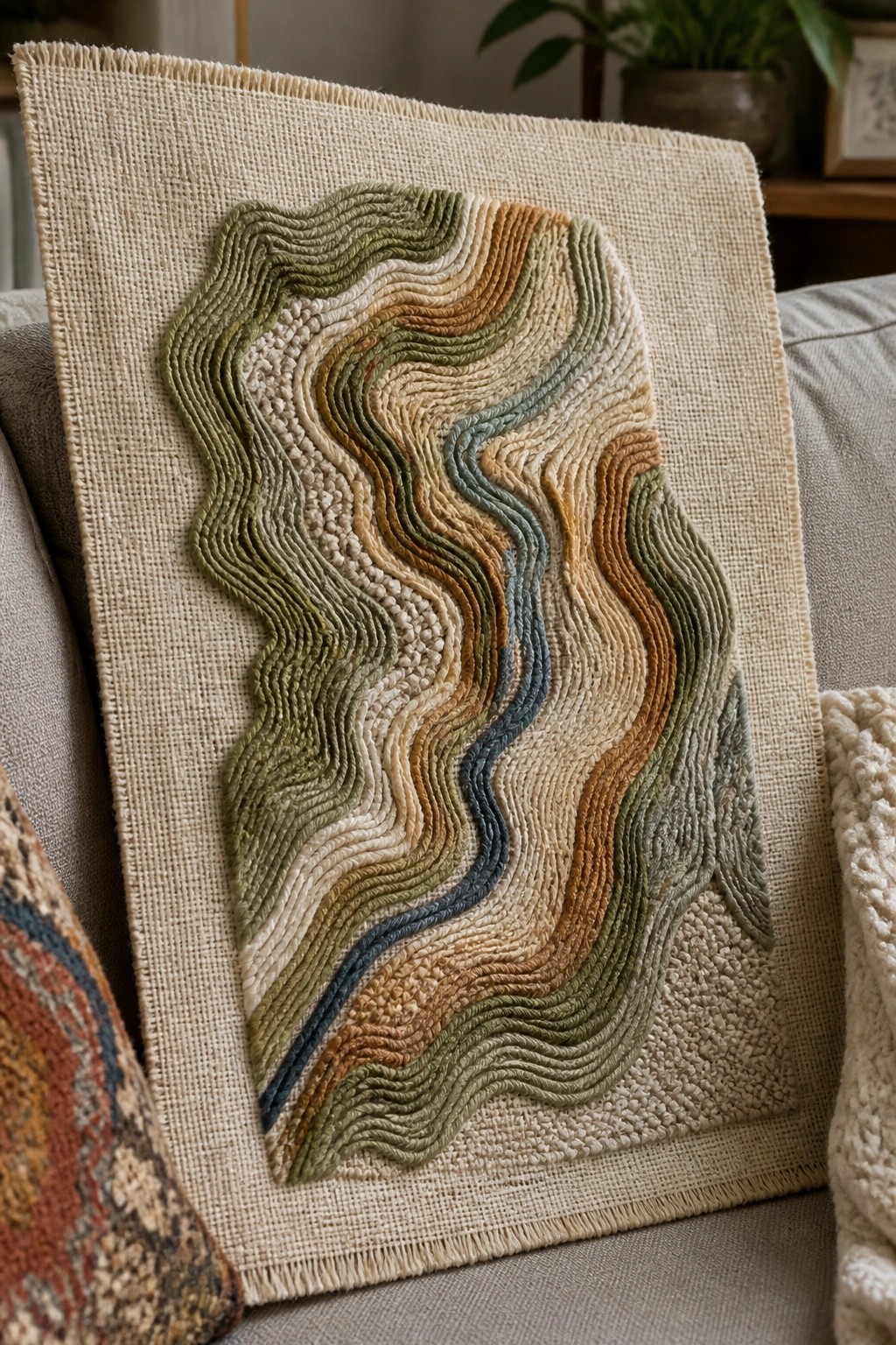 Woven tapestry with wavy green, brown, and blue yarn layers on a couch.