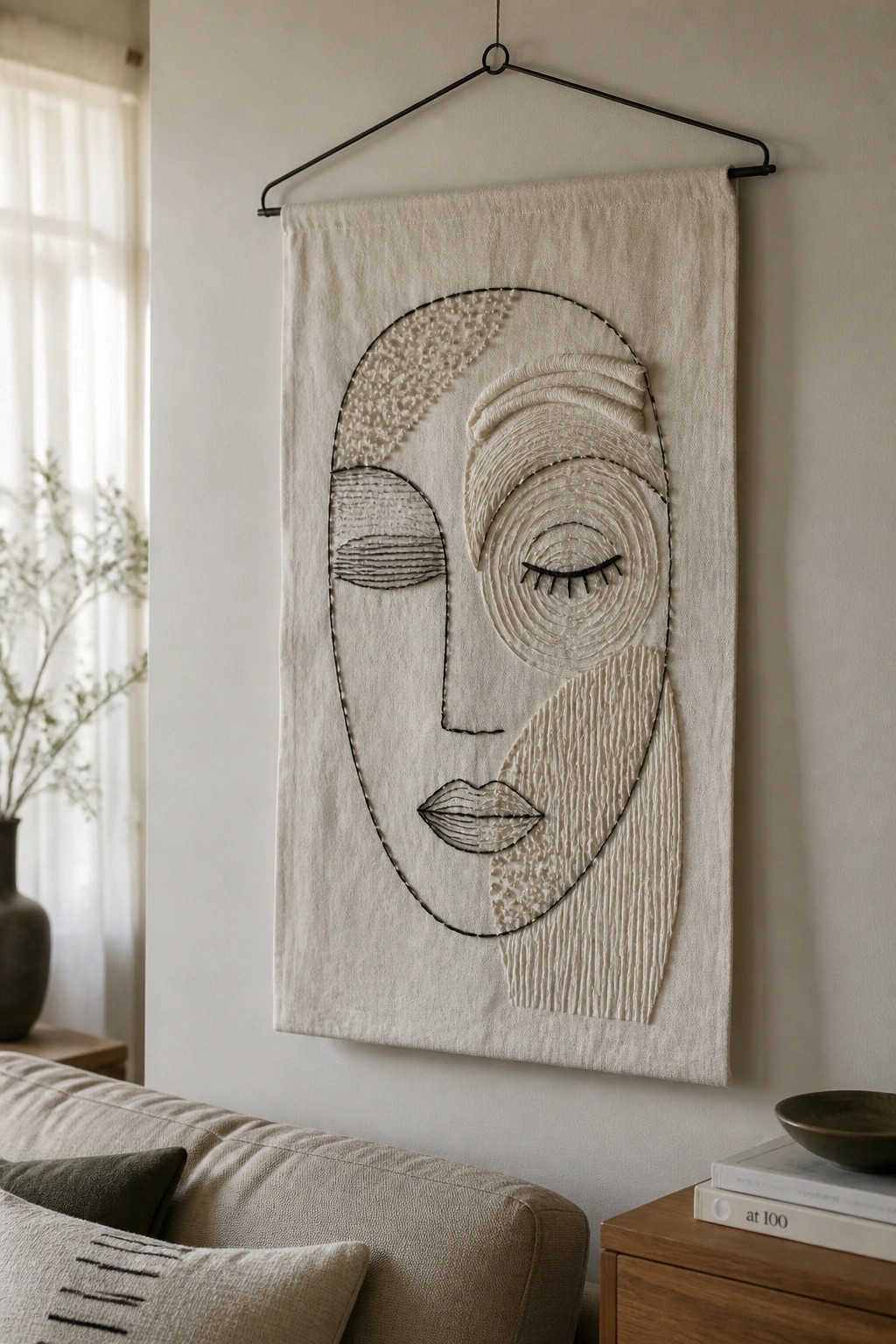 Abstract face embroidery on beige fabric hanging above sofa in living room