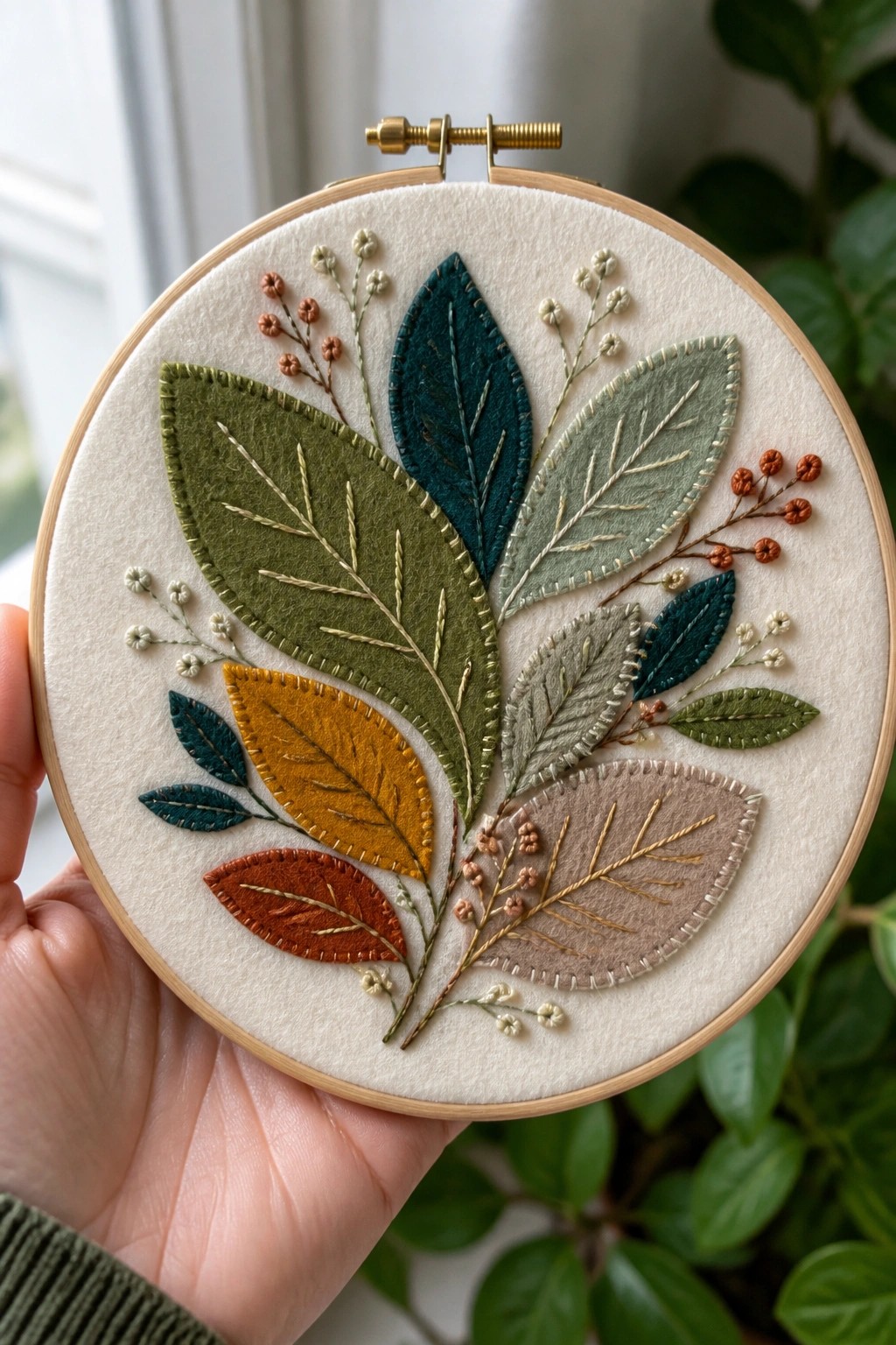 Hand holding embroidery hoop with colorful felt leaves and berry clusters