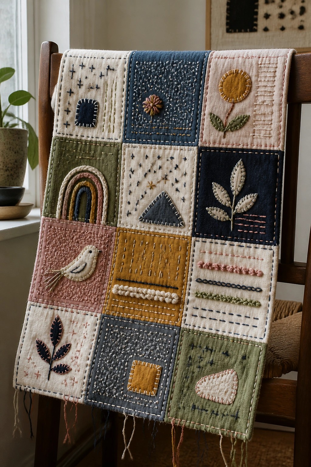 Colorful patchwork quilt with embroidered bird, rainbow, sun, and leaf designs on chair.