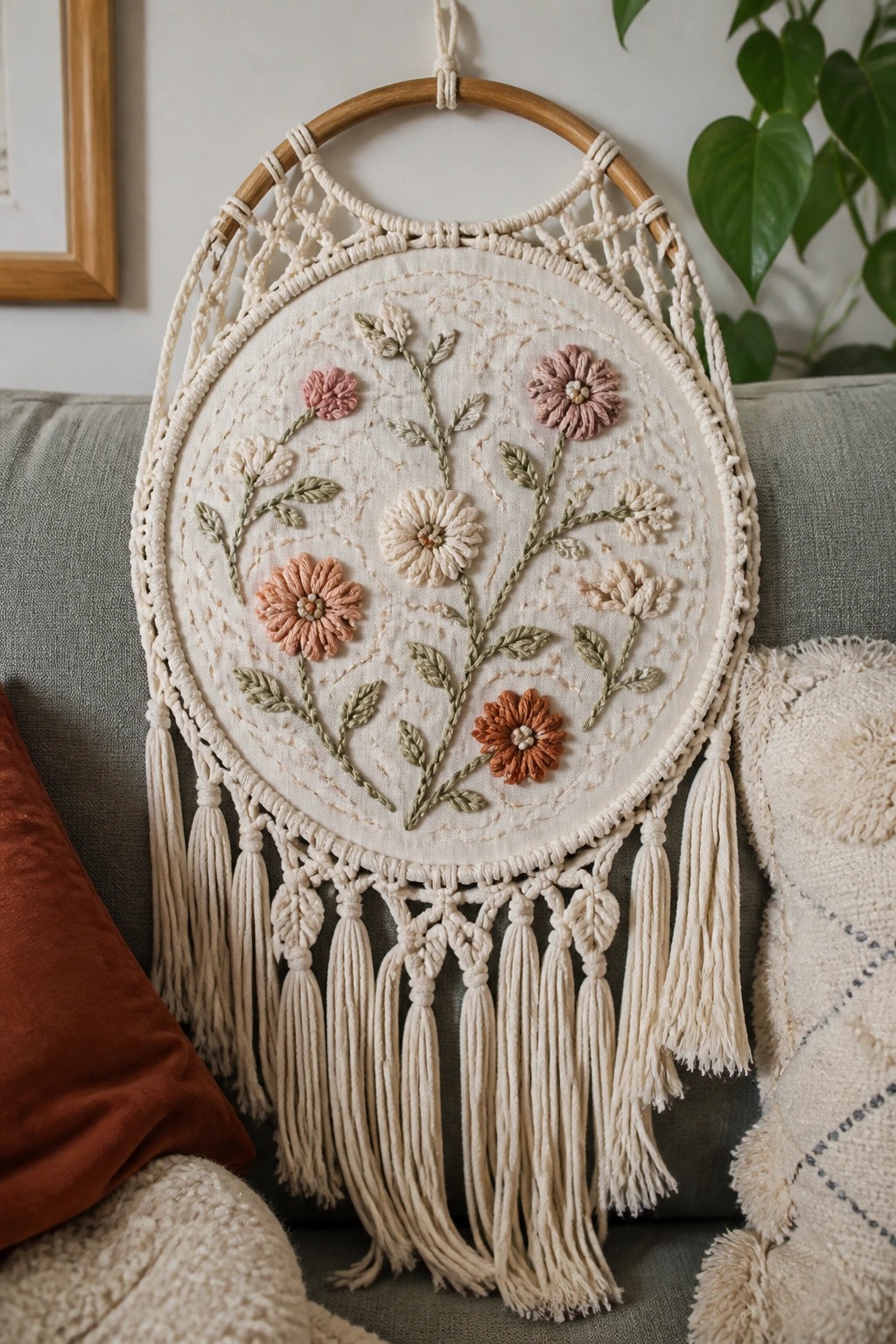 Embroidered floral macrame wall hanging with tassels on wooden hoop.