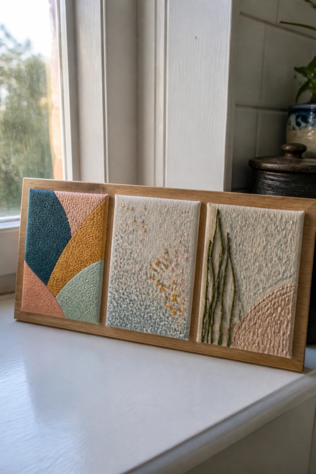 Three abstract embroidered panels in wooden frame on white windowsill.